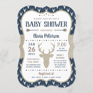 Invitation au Baby shower des bois, Marine, Burlap