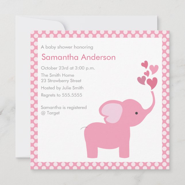 Invitation au Baby shower des Coeurs des éléphants (Devant)