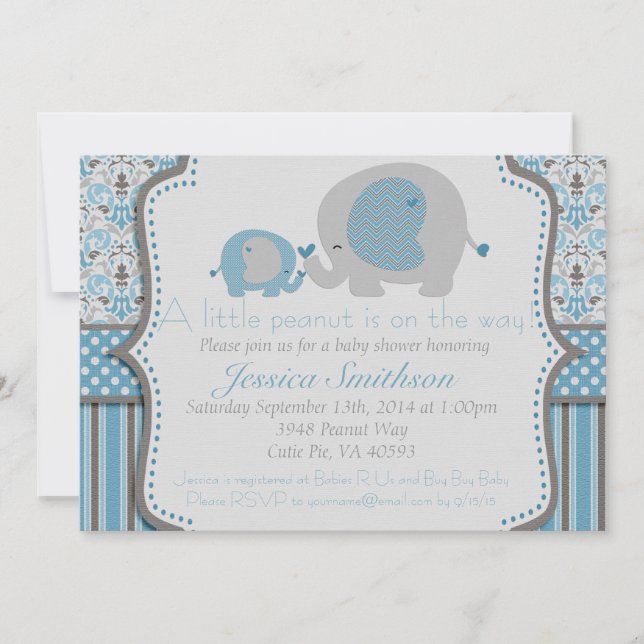 Invitation au Baby shower des éléphants bleus et g (Devant)