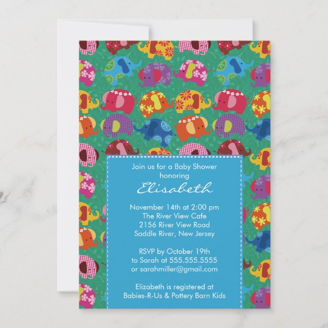 Invitation au Baby shower des éléphants Blue Mod (Devant)