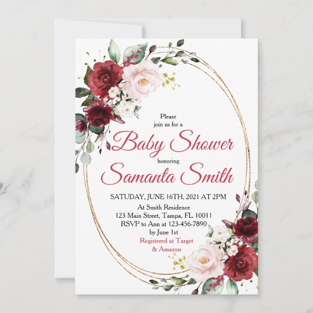 Invitation au Baby shower des fleurs rouges (Devant)