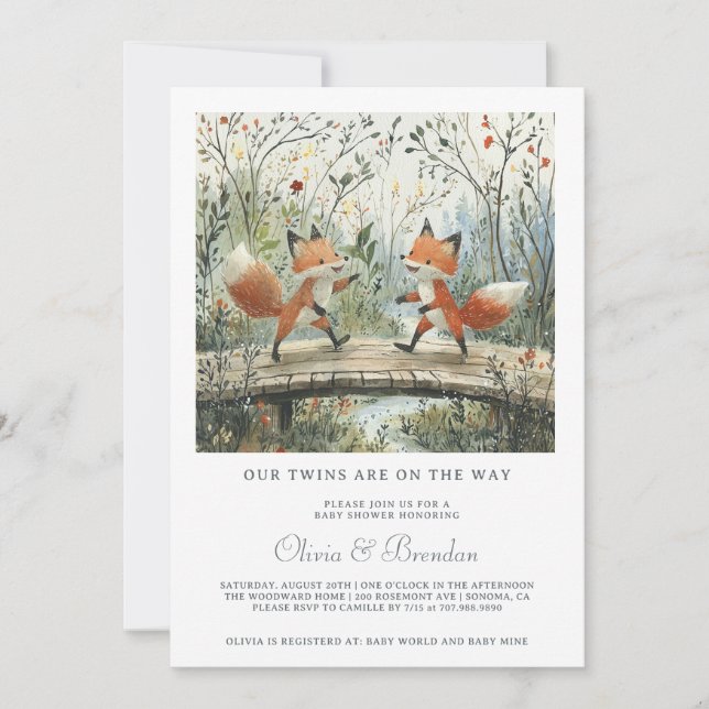 Invitation au Baby shower des jumeaux forestiers d (Devant)
