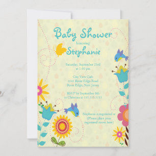Invitation au Baby shower des oiseaux et des fleur