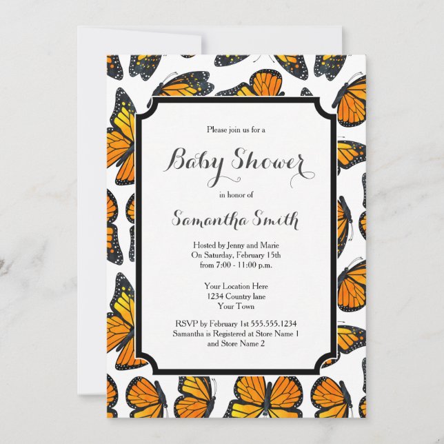 Invitation au Baby shower des papillons Monarch (Devant)