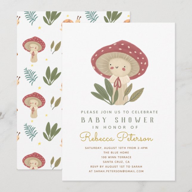 Invitation au Baby shower des petits champignons (Devant / Derrière)