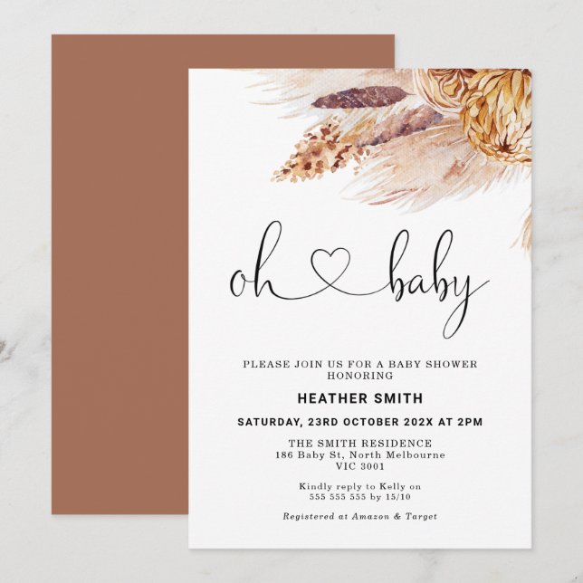 Invitation au Baby shower d'herbe de la Pampa de B (Devant / Derrière)