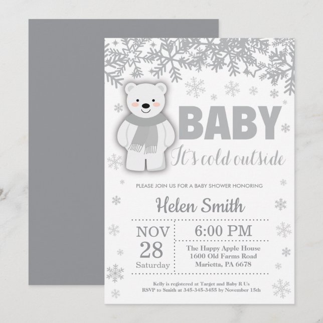 Invitation au Baby shower d'hiver de l'ours polair (Devant / Derrière)