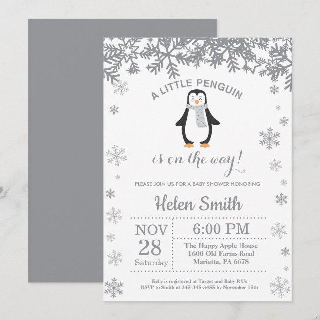 Invitation au Baby shower d'hiver de Penguin (Devant / Derrière)