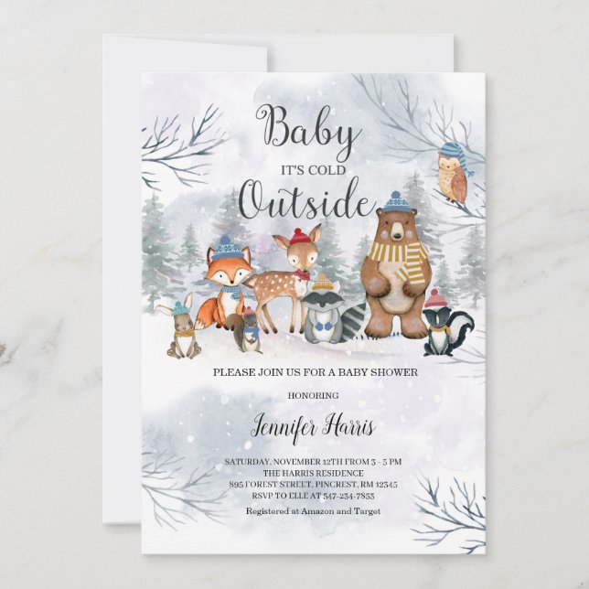 Invitation au Baby shower d'hiver des bois (Devant)