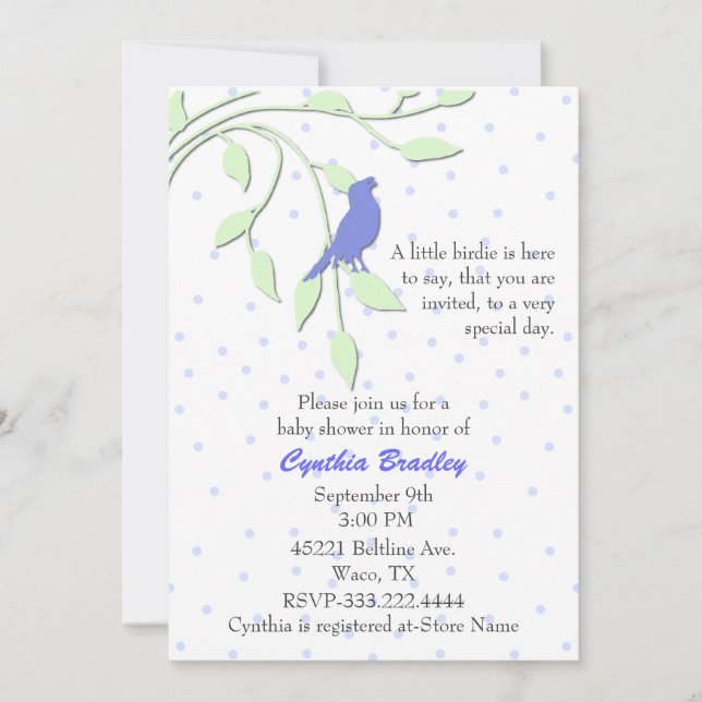 Invitation au Baby shower d'oiseaux bleus (Devant)