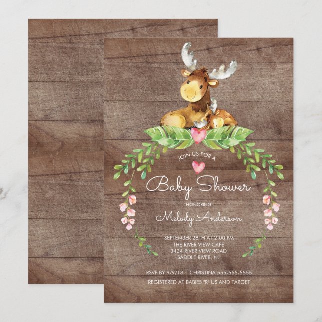 Invitation au Baby shower d'orignal rustique (Devant / Derrière)