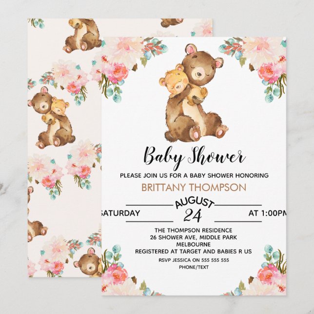 Invitation au Baby shower d'ours d'aquarelle (Devant / Derrière)
