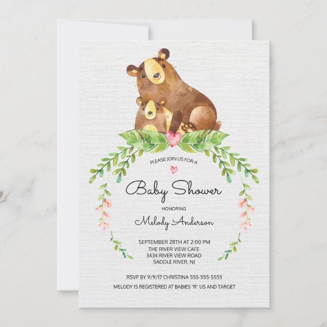 Invitation au Baby shower d'ours de bois doux (Devant)