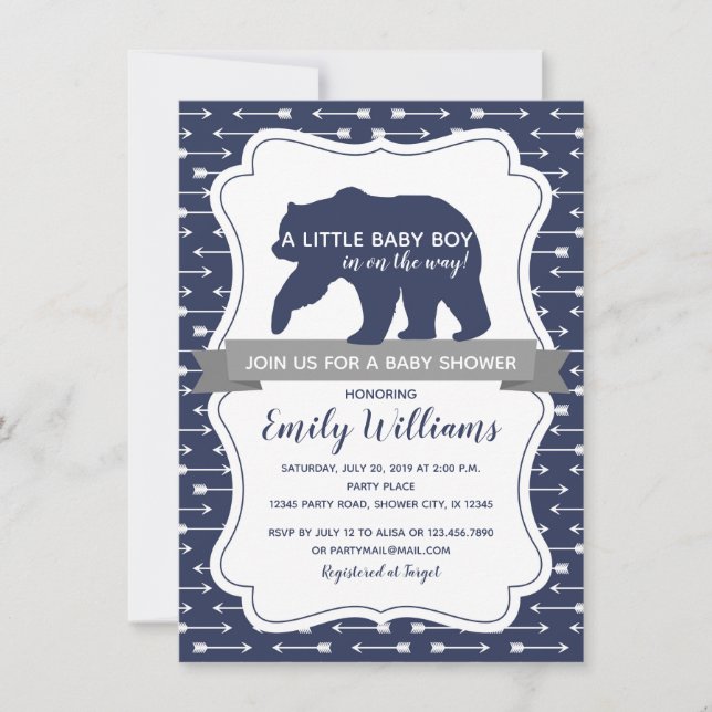 Invitation au baby shower d'ours pour garçons (Devant)