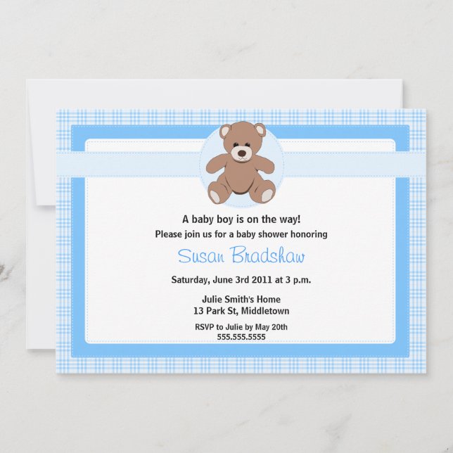 Invitation au Baby shower d'ours Teddy - Garçon (Devant)