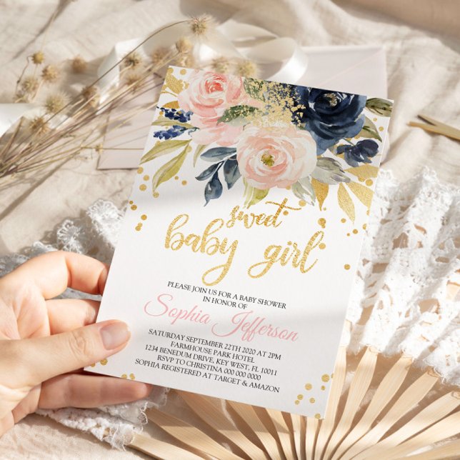 Invitation au Baby shower doux rose et marine (Créateur téléchargé)