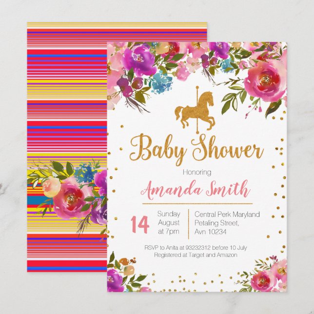 Invitation au Baby shower du Carousel Horse (Devant / Derrière)