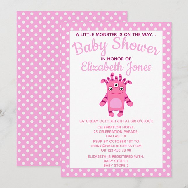 Invitation au Baby shower du petit monstre rose (Devant / Derrière)