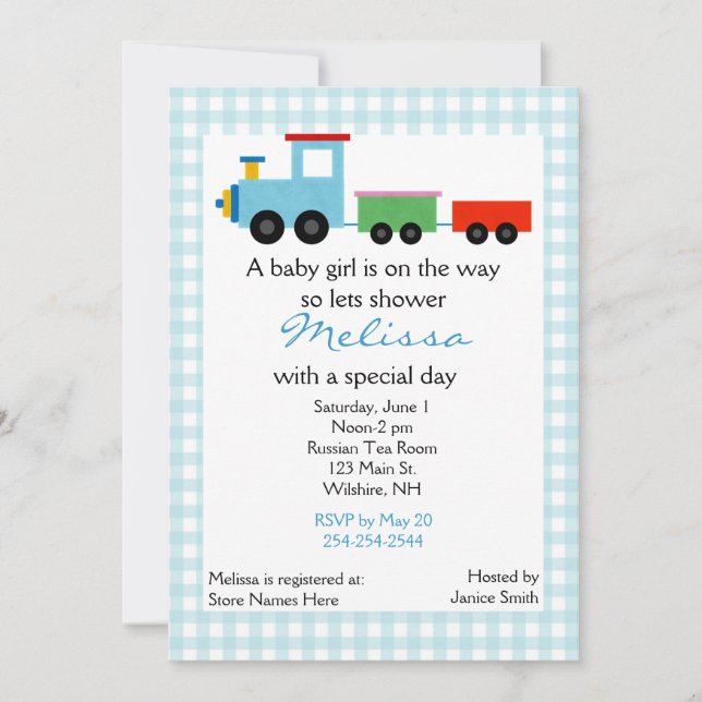 Invitation au Baby shower du train Blue Toy (Devant)