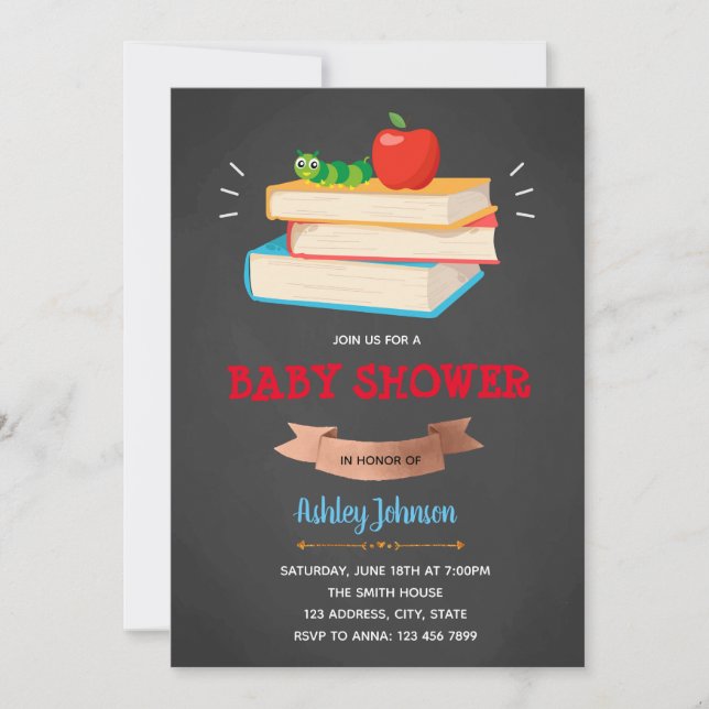 Invitation au baby shower du ver de livre (Devant)