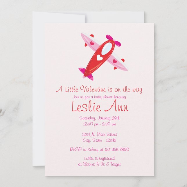 Invitation au Baby shower d'un avion de Valentine (Devant)