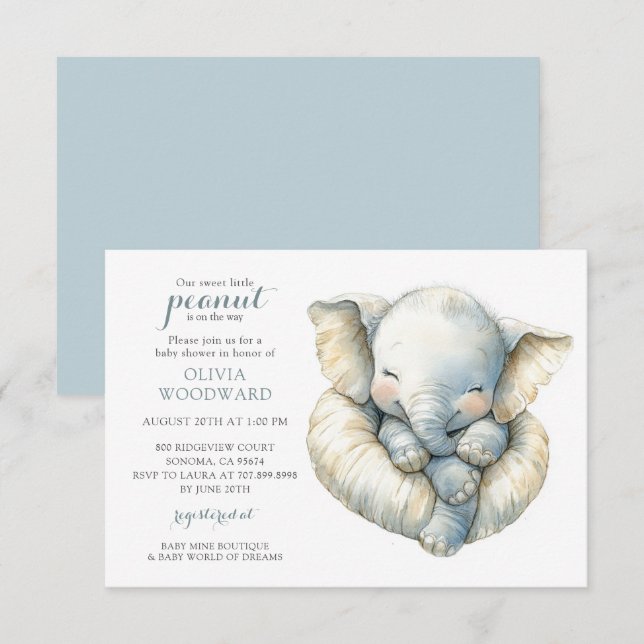 Invitation au Baby shower éléphant neutre pour le  (Devant / Derrière)