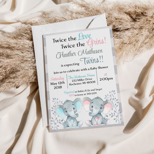 Invitation au Baby shower Eléphant Twin (Créateur téléchargé)