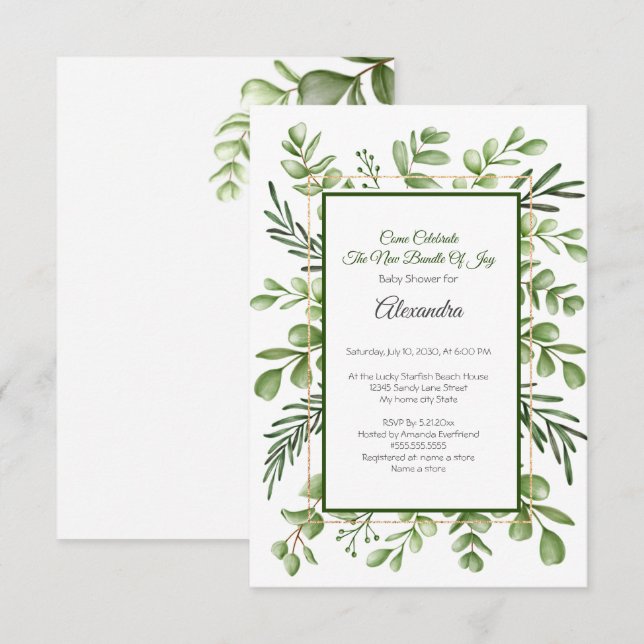 Invitation au Baby shower Eucalyptus Vert (Devant / Derrière)