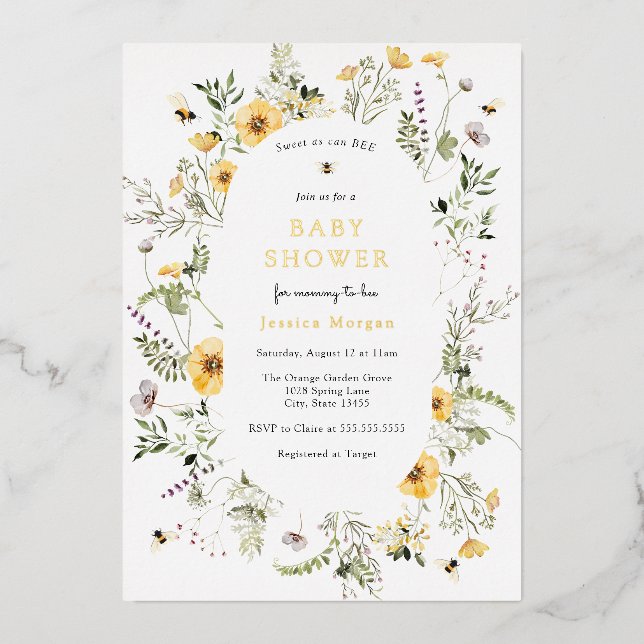 Invitation au Baby shower Fleur sauvage délicat et (Recto)