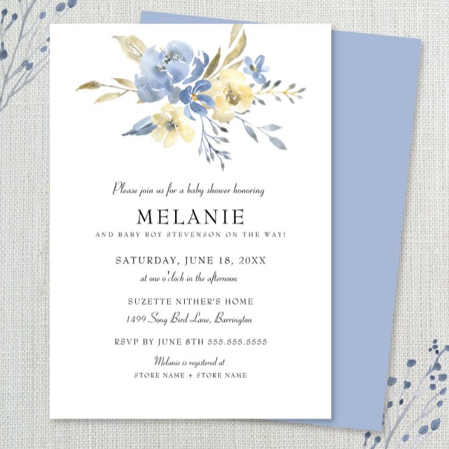 Invitation au Baby shower floral bleu Dusty (Créateur téléchargé)