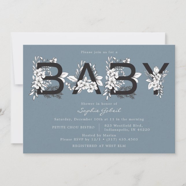 Invitation au Baby shower floral bleu Dusty (Devant)