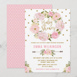 Invitation au Baby shower Floral Boho rose & Gold