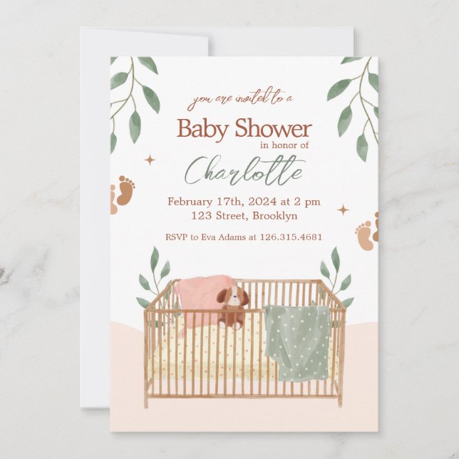 Invitation au Baby shower Floral Brown et blanc (Devant)