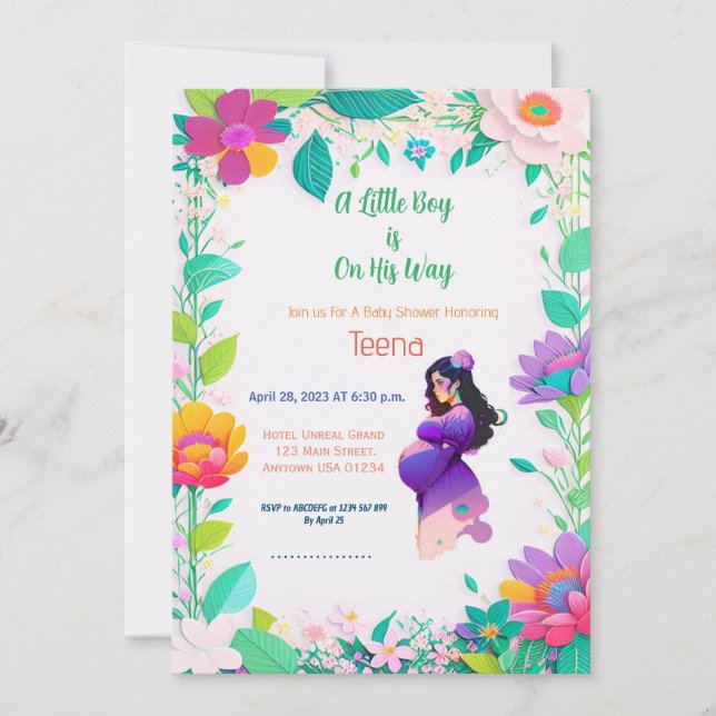 Invitation au Baby shower floral coloré (Devant)
