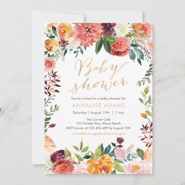Invitation au Baby shower floral d'automne (Devant)