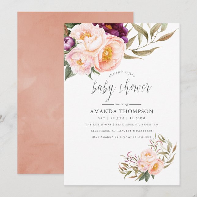 Invitation au Baby shower floral de Pêche et Bourg (Devant / Derrière)