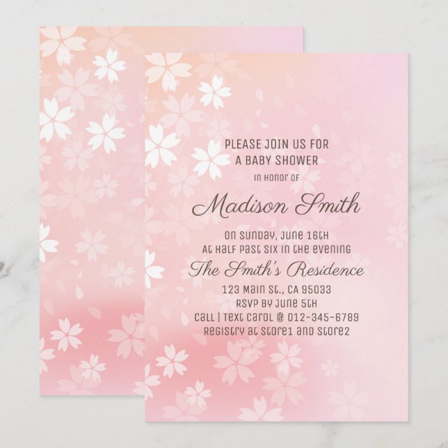 Invitation au Baby shower floral en fleurs de ceri (Devant / Derrière)