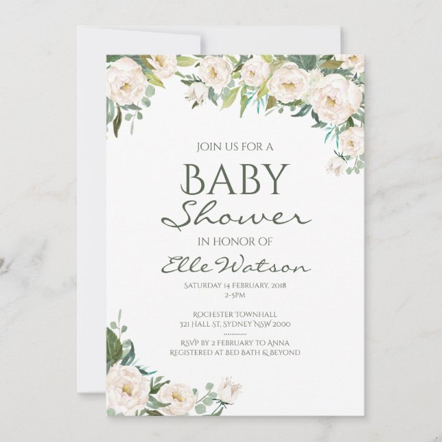 Invitation au Baby shower floral ivoire (Devant)