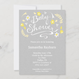 Invitation au Baby shower floral jaune et gris
