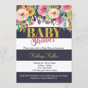 Invitation au Baby shower floral Navy & Gold