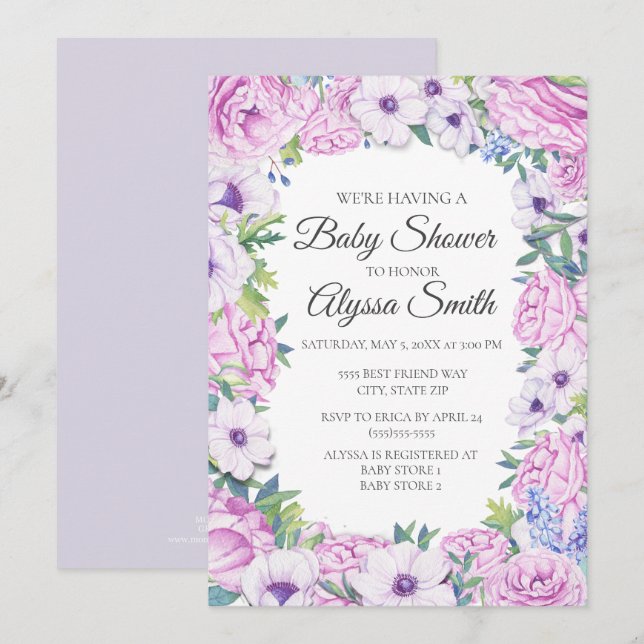 Invitation au Baby shower Floral Purple Lilac (Devant / Derrière)