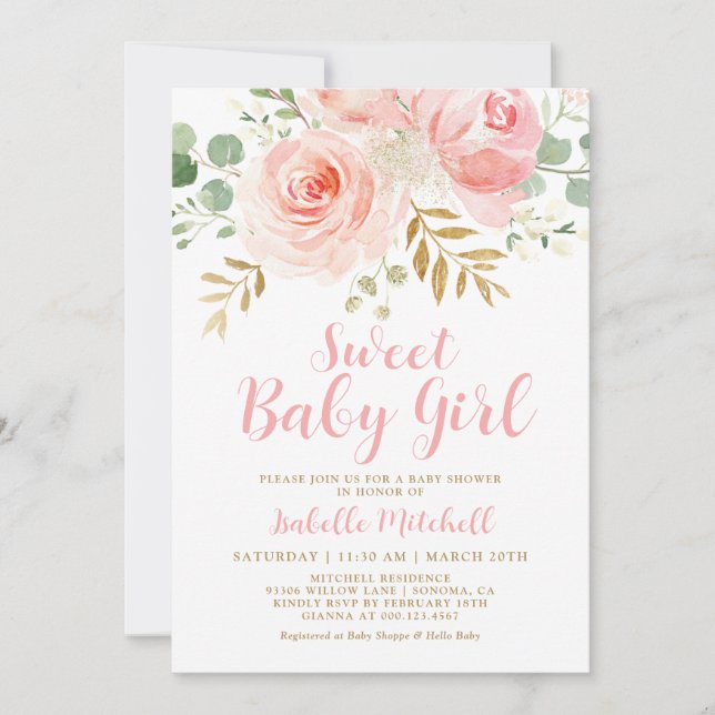 Invitation au Baby shower floral rose (Devant)