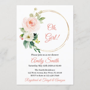 Invitation au Baby shower floral rose roux