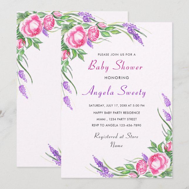 Invitation au Baby shower Floral Rose violet (Devant / Derrière)