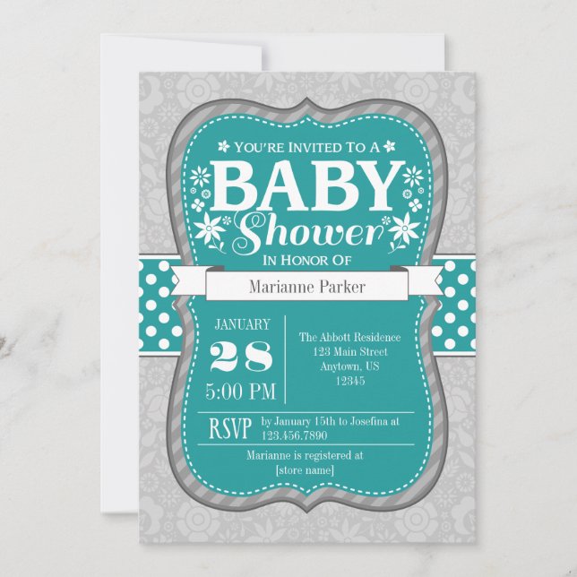 Invitation au Baby shower floral Turquoise de fleu (Devant)