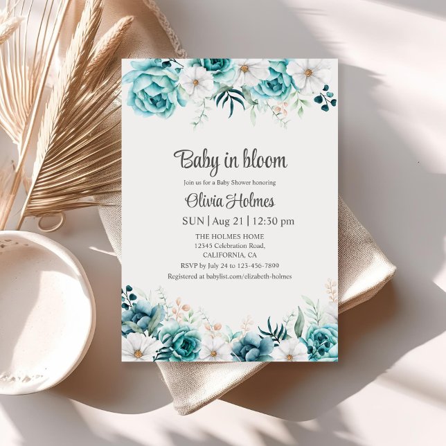 Invitation au Baby shower floral turquoise et non  (Teal and Off-White Floral Baby Shower Invitation on a neutral boho table.)
