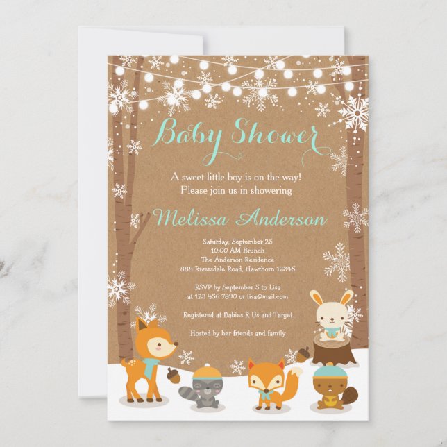 Invitation au Baby shower forestier d'hiver (Devant)