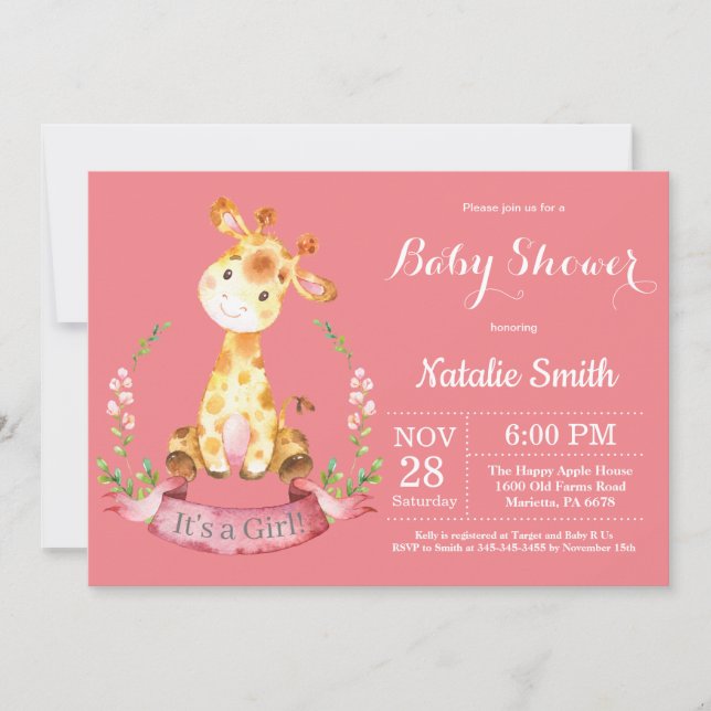 Invitation au Baby shower Girl Giraffe (Devant)