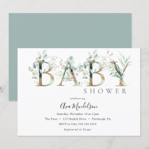 Invitation au Baby shower Gold et Eucalyptus