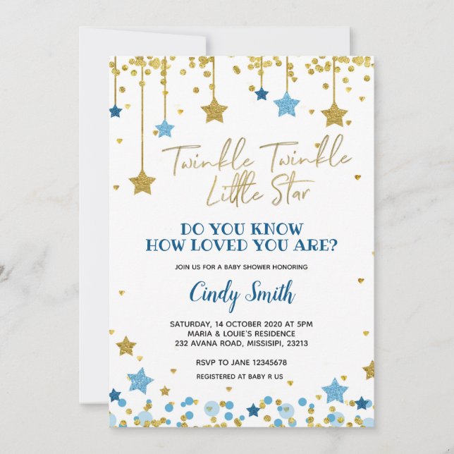 Invitation au Baby shower Gold Little Star Twinkle (Devant)